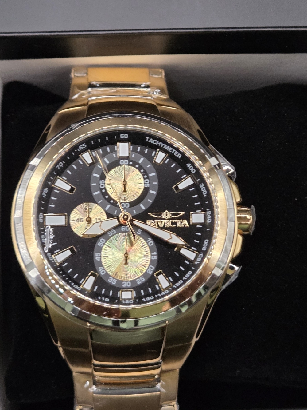 Invicta Gold Tone Chronograph Watch - Black Dial